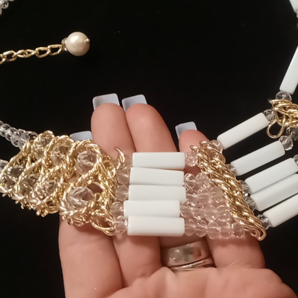 Napier milk glass, gold & crystal cut clear glass beaded collar or bib necklace - Picture 7 of 9